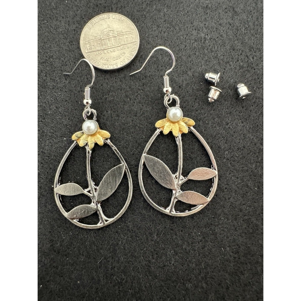 Two Tone Flower Leaf Teardrop Dangle Hook Earrings Faux Pearl Accents